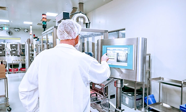 Operator monitoring automated drug product manufacturing systems in a cGMP-compliant BioCina facility.