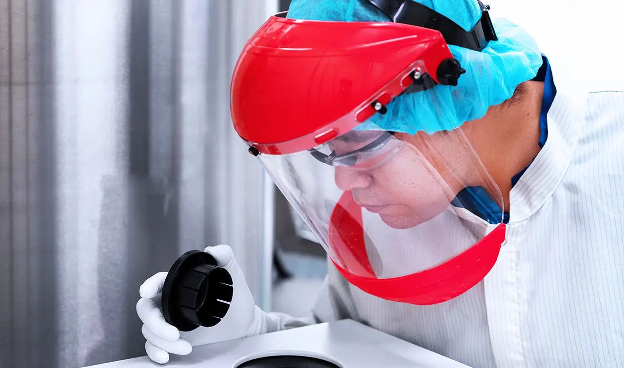 BioCina technician wearing full face protection checking the liquid level of a 300L fermenter temperature control unit.