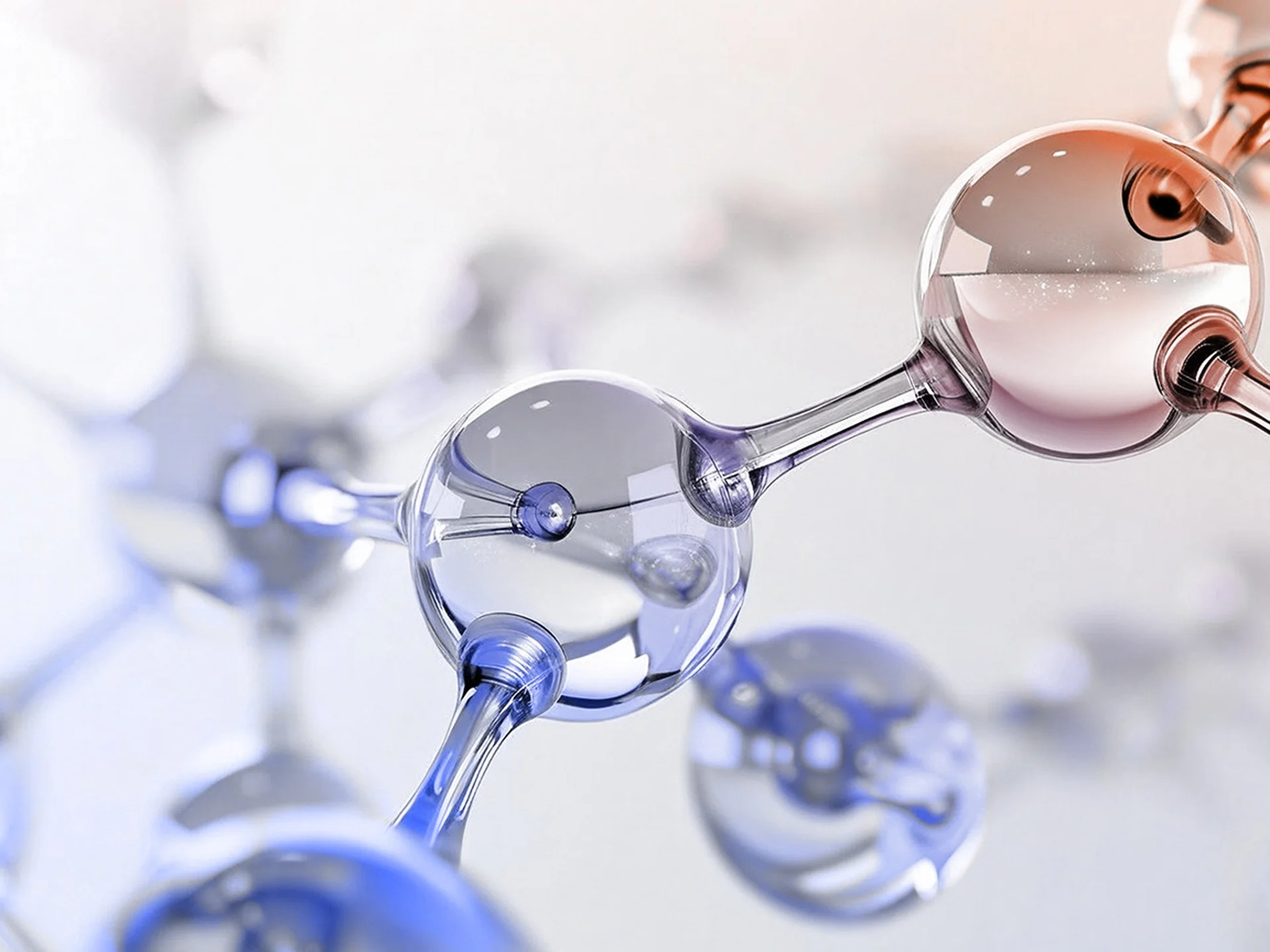 3D molecular structure representing complex biologics and small molecule therapeutic development.