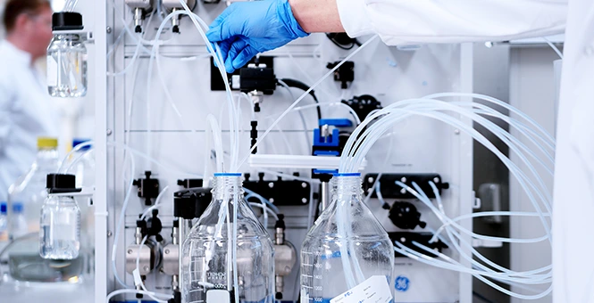 BioCina expert adjusting laboratory bioprocessing equipment for optimized process development and scale-up.